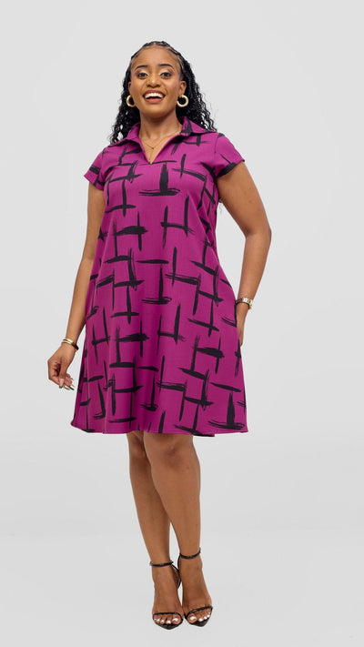 Vivo Mandla Tent Dress - Purple / Black Seka Print - Shopzetu