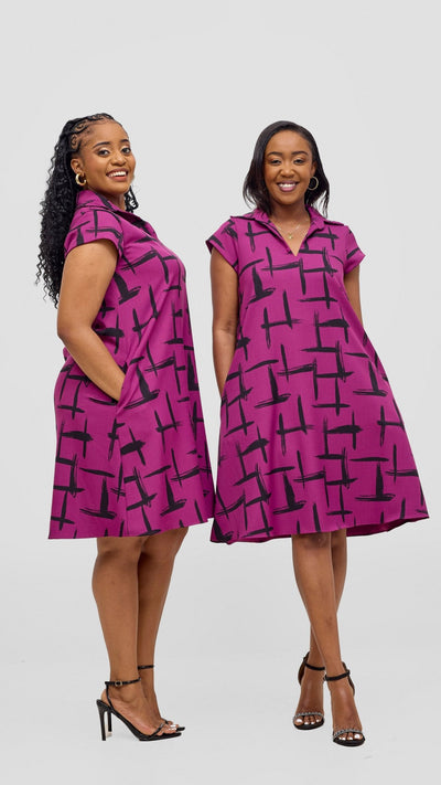 Vivo Mandla Tent Dress - Purple / Black Seka Print - Shopzetu