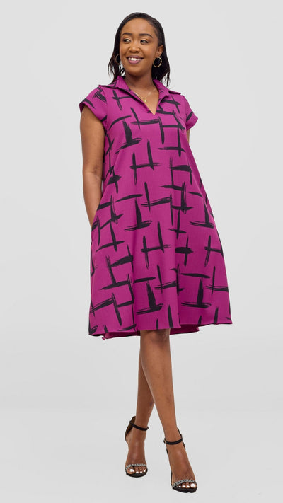 Vivo Mandla Tent Dress - Purple / Black Seka Print - Shopzetu