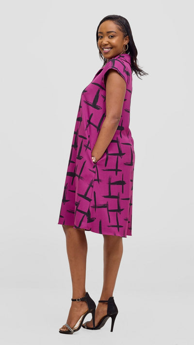 Vivo Mandla Tent Dress - Purple / Black Seka Print - Shopzetu