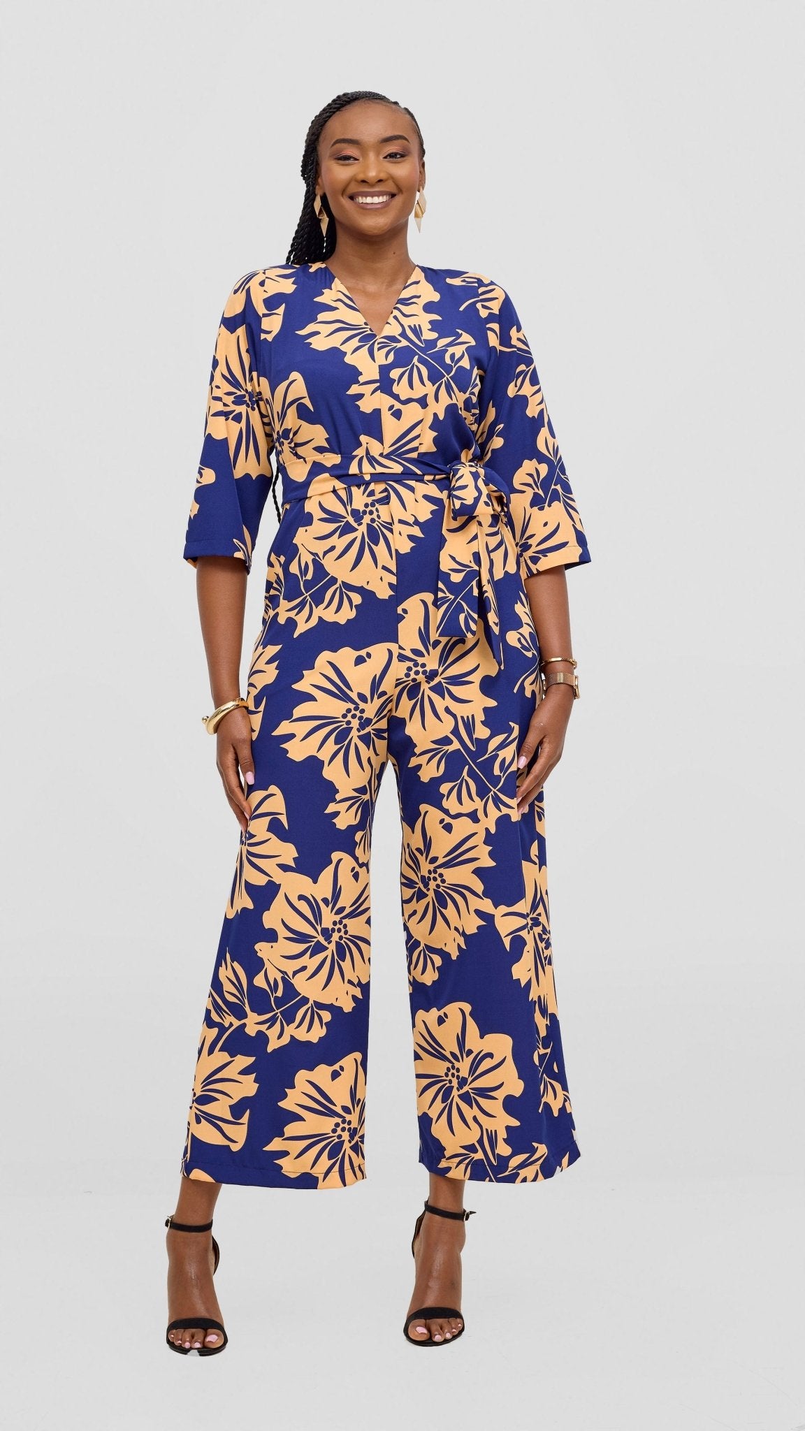 Vivo Diella V - Neck Jumpsuit - Peach / Navy Print - Shopzetu