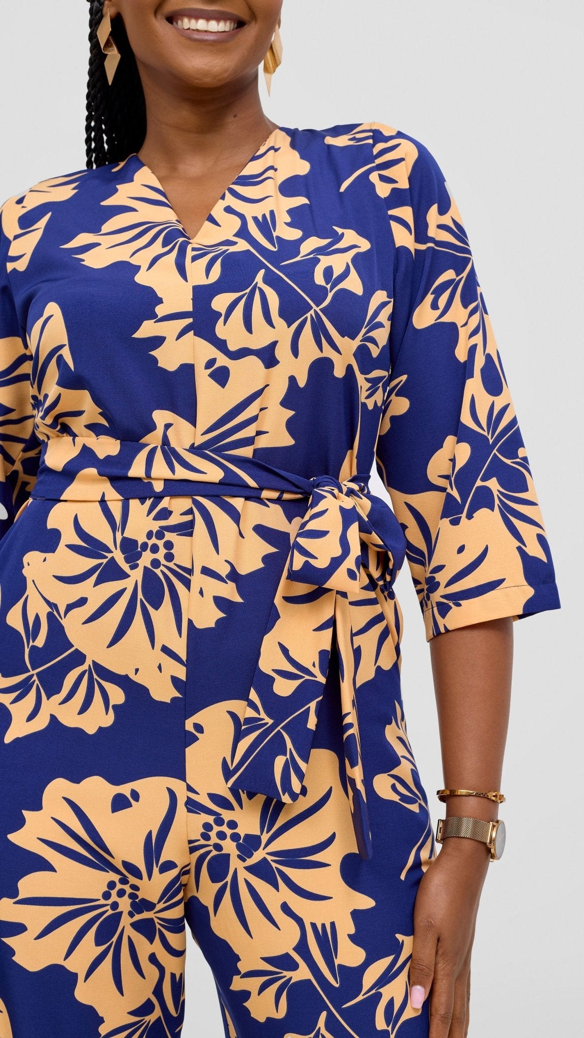 Vivo Diella V - Neck Jumpsuit - Peach / Navy Print - Shopzetu