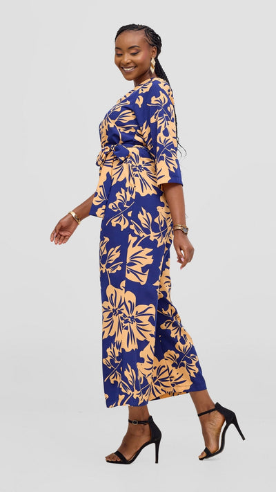 Vivo Diella V - Neck Jumpsuit - Peach / Navy Print - Shopzetu
