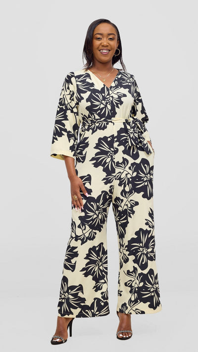 Vivo Diella V - Neck Jumpsuit - Cream / Black Print - Shopzetu