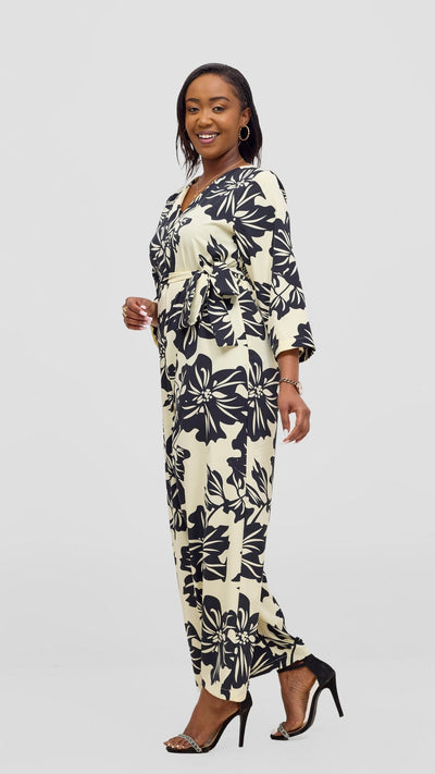 Vivo Diella V - Neck Jumpsuit - Cream / Black Print - Shopzetu