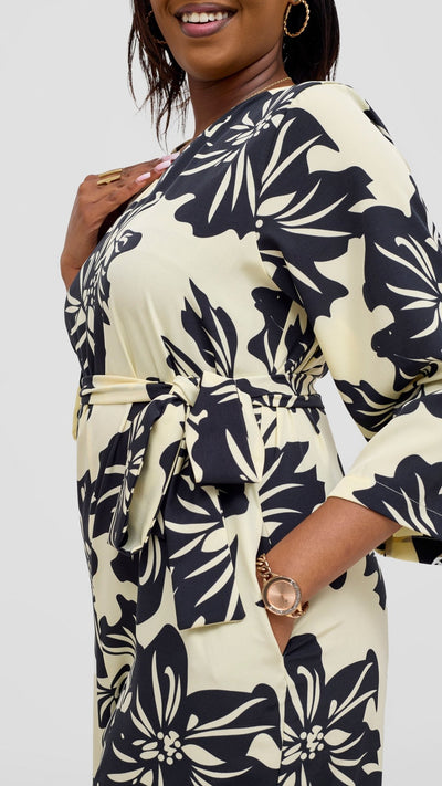 Vivo Diella V - Neck Jumpsuit - Cream / Black Print - Shopzetu