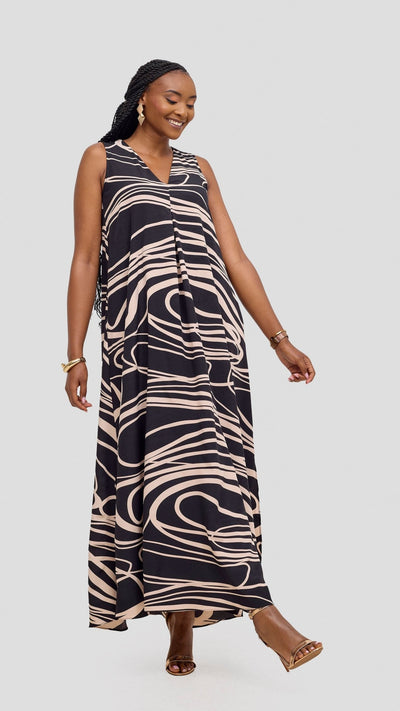 Vivo Ava Front Pleat Maxi Dress - Black / Peach Print - Shopzetu
