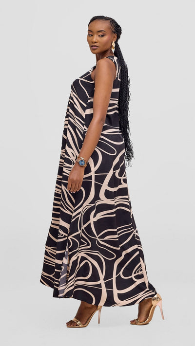 Vivo Ava Front Pleat Maxi Dress - Black / Peach Print - Shopzetu