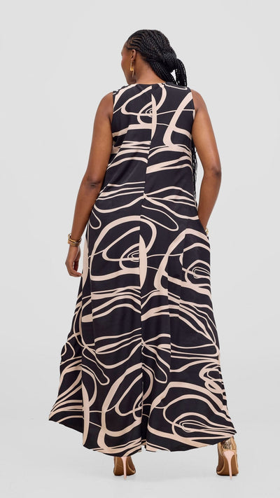Vivo Ava Front Pleat Maxi Dress - Black / Peach Print - Shopzetu