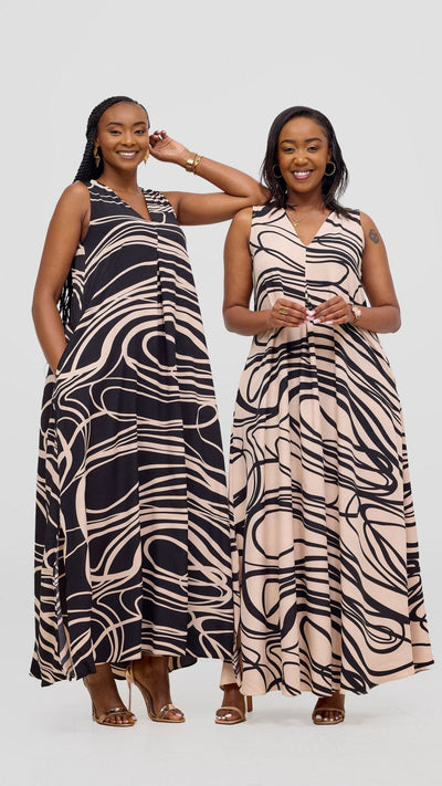 Vivo Ava Front Pleat Maxi Dress - Cream / Black Print - Shopzetu