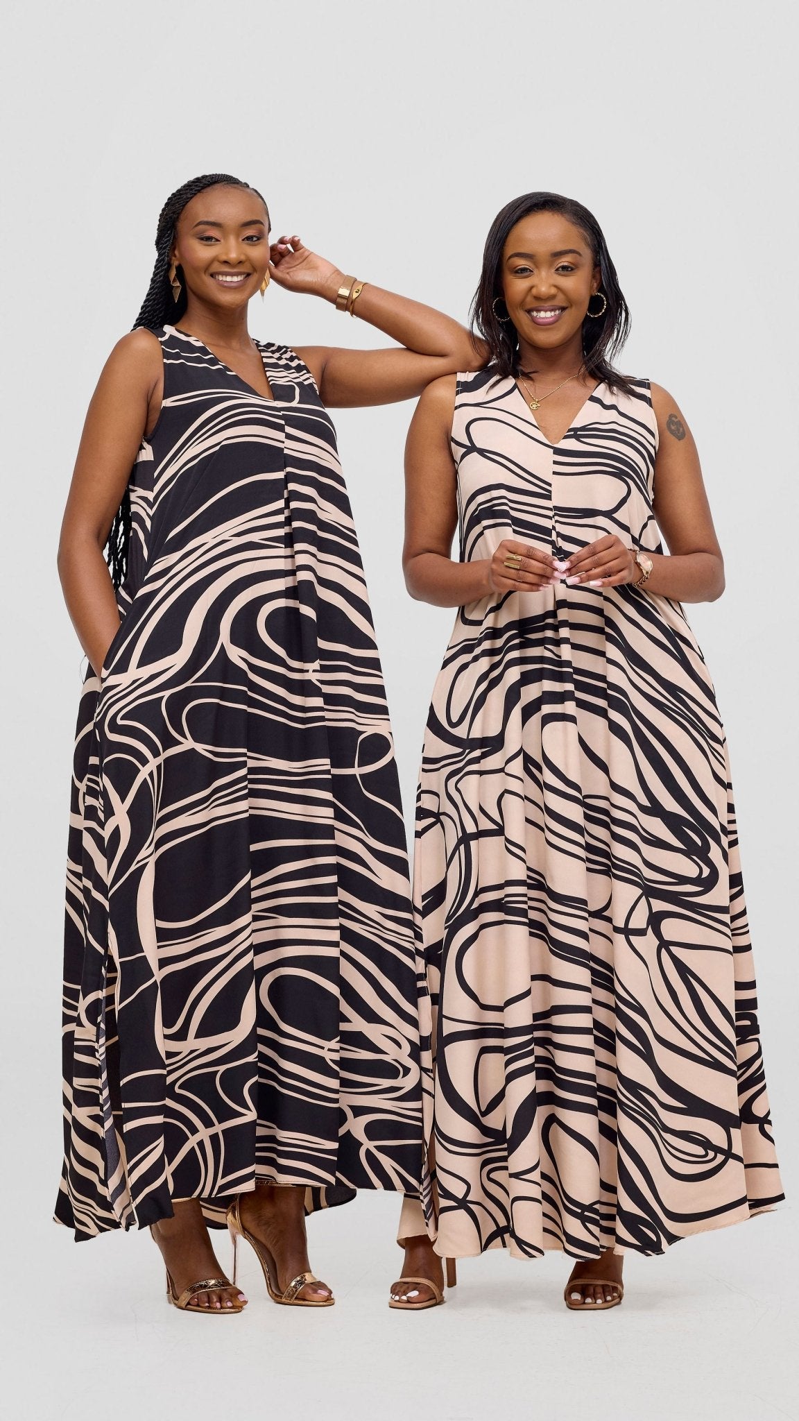 Vivo Ava Front Pleat Maxi Dress - Black / Peach Print - Shopzetu