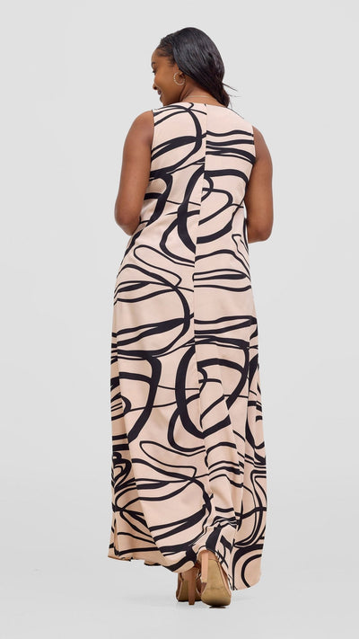 Vivo Ava Front Pleat Maxi Dress - Cream / Black Print - Shopzetu