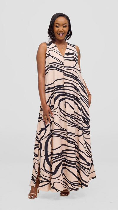 Vivo Ava Front Pleat Maxi Dress - Cream / Black Print - Shopzetu