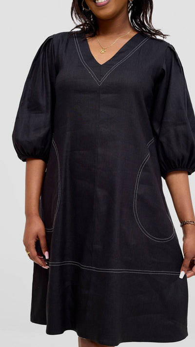 Vivo Seli Bishop Sleeve Knee Length Dress - Black - Shopzetu