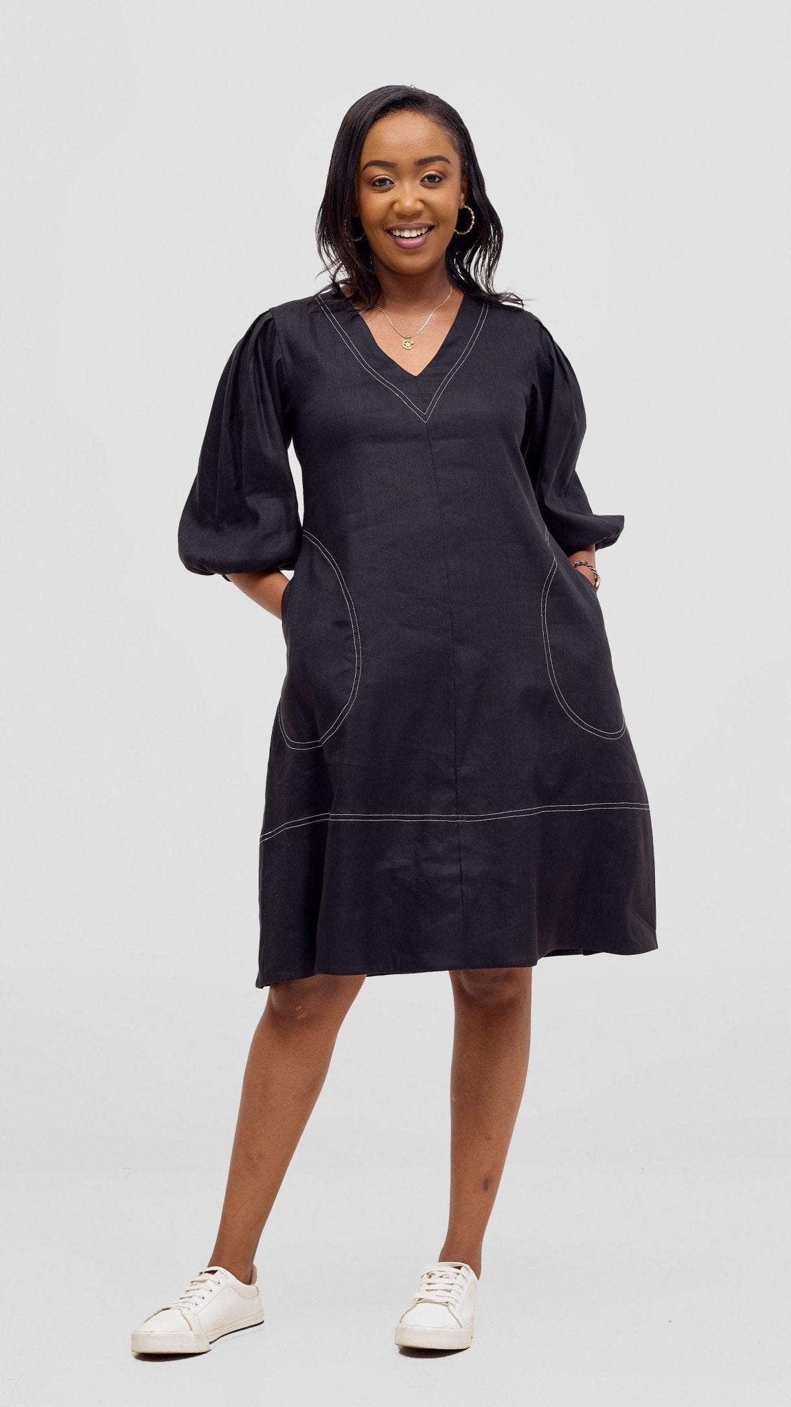 Vivo Seli Bishop Sleeve Knee Length Dress - Black - Shopzetu