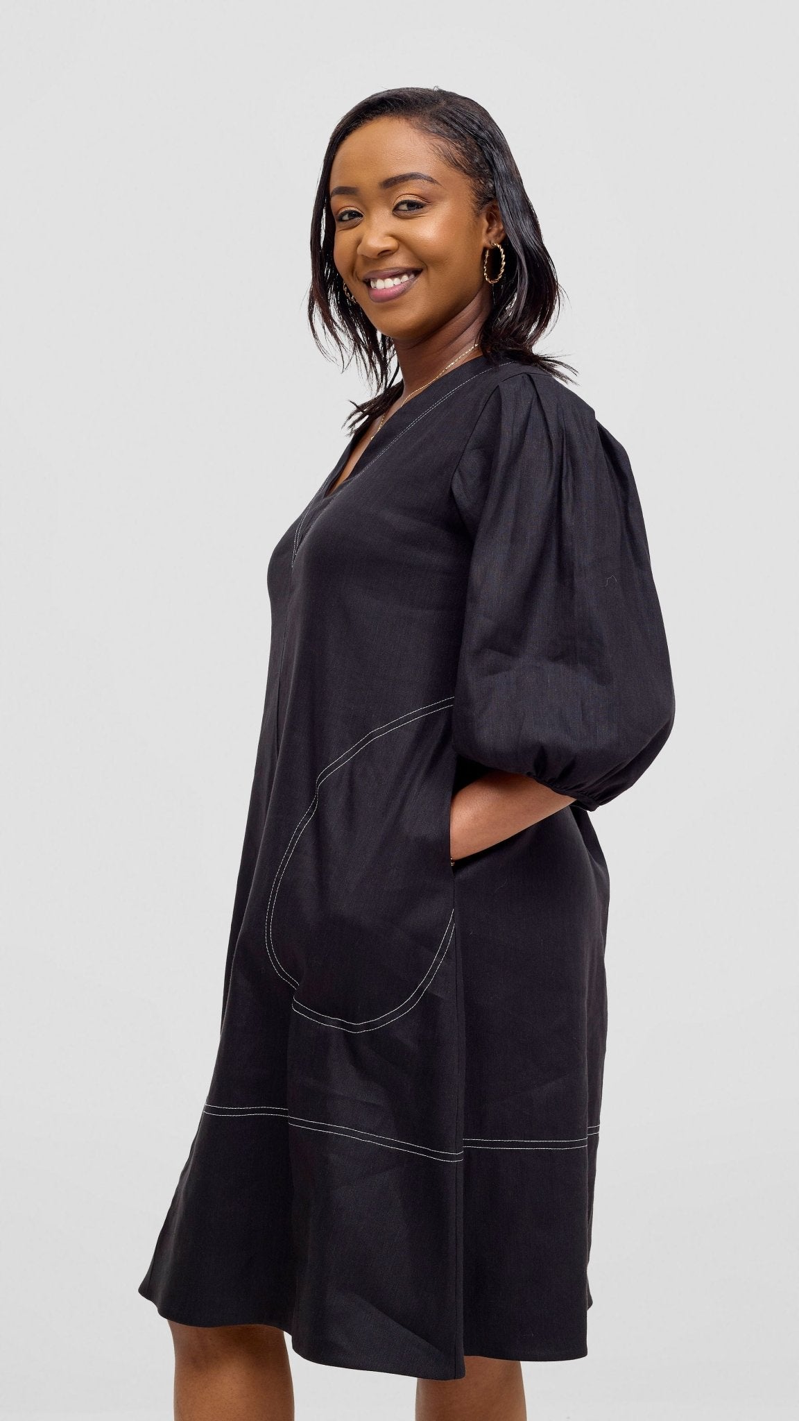 Vivo Seli Bishop Sleeve Knee Length Dress - Black - Shopzetu