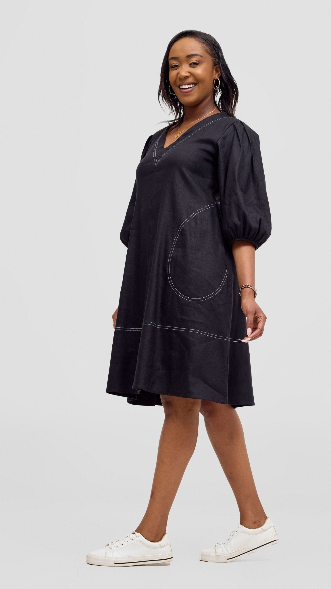 Vivo Seli Bishop Sleeve Knee Length Dress - Black - Shopzetu