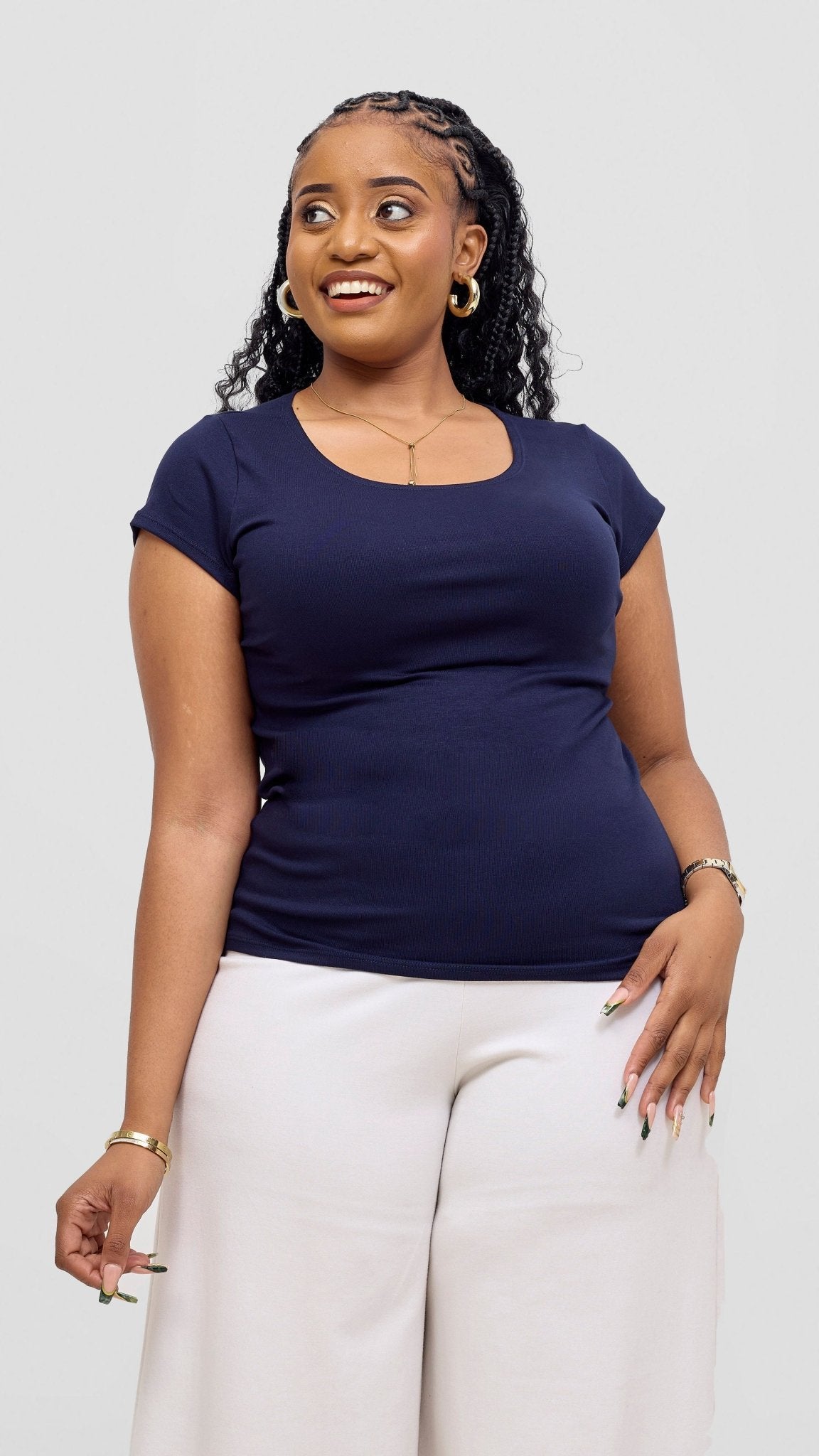 Vivo Basic Val Cap Sleeve Top - Navy Blue - Shopzetu