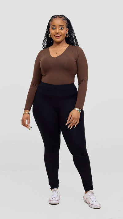 Vivo Everyday Long Sleeved Double Layered Bodysuit - Chocolate Brown - Shopzetu