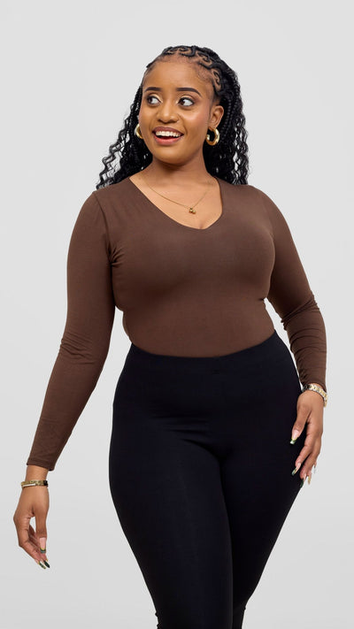 Vivo Everyday Long Sleeved Double Layered Bodysuit - Chocolate Brown - Shopzetu