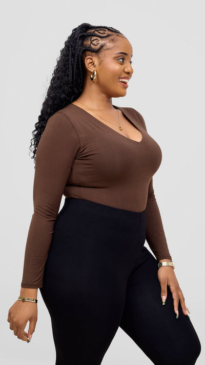 Vivo Everyday Long Sleeved Double Layered Bodysuit - Chocolate Brown - Shopzetu