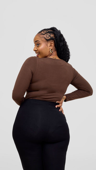 Vivo Everyday Long Sleeved Double Layered Bodysuit - Chocolate Brown - Shopzetu
