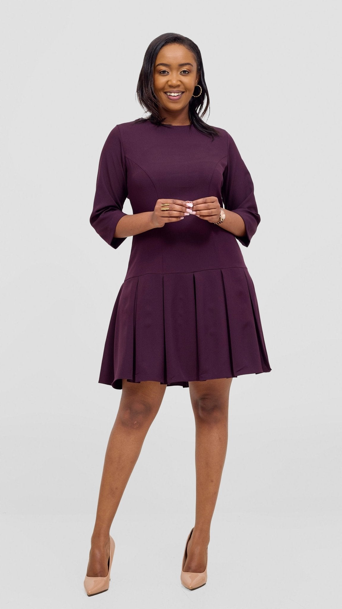 Vivo Diella 3/4 Sleeve Pleated Dress - Mulberry - Shopzetu