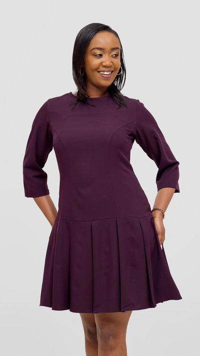 Vivo Diella 3/4 Sleeve Pleated Dress - Mulberry - Shopzetu