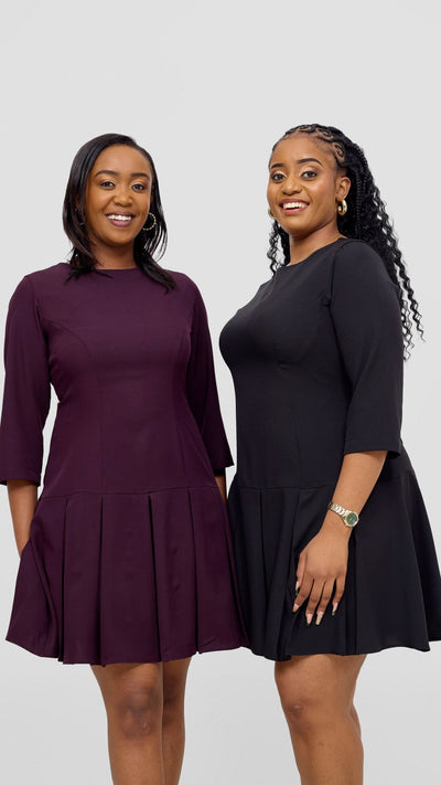 Vivo Diella 3/4 Sleeve Pleated Dress - Black - Shopzetu