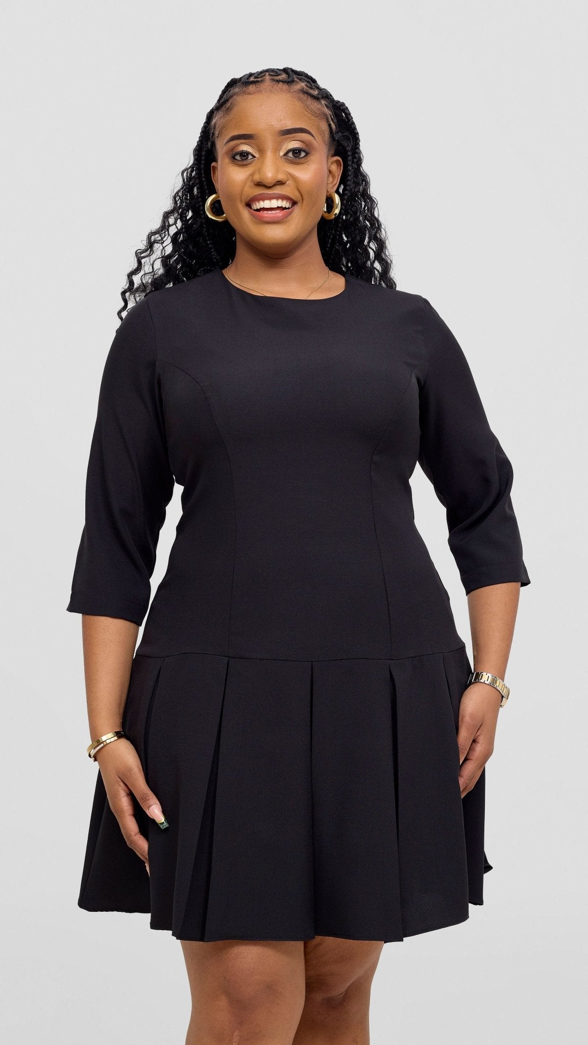 Vivo Diella 3/4 Sleeve Pleated Dress - Black - Shopzetu