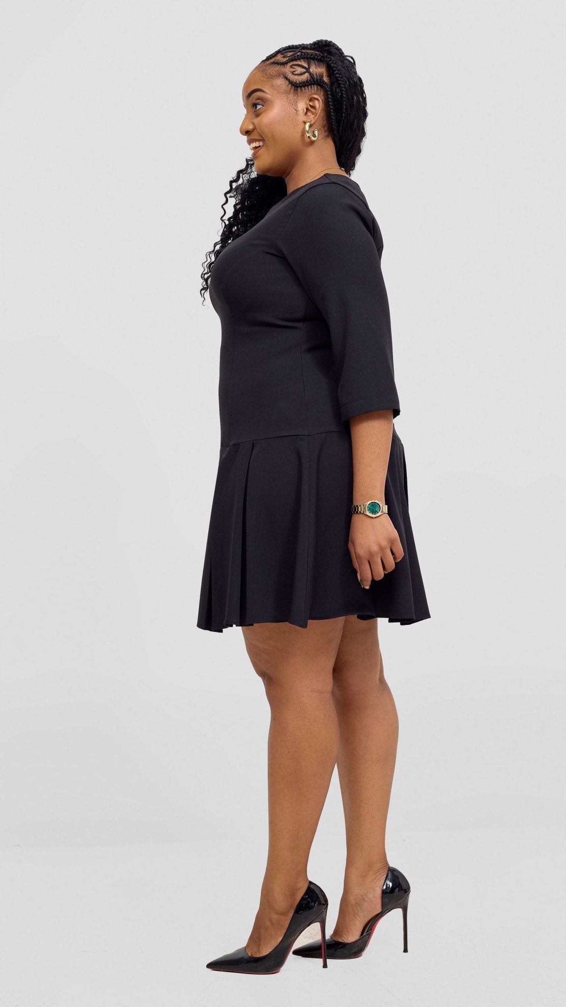Vivo Diella 3/4 Sleeve Pleated Dress - Black - Shopzetu