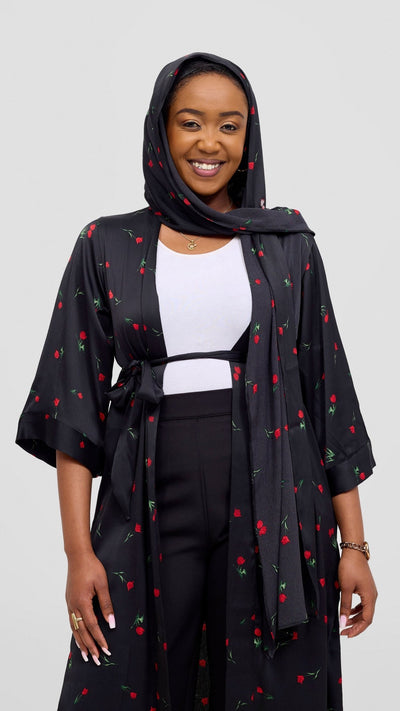 Vivo Samira Maxi Kimono - Black / Red Print - Shopzetu