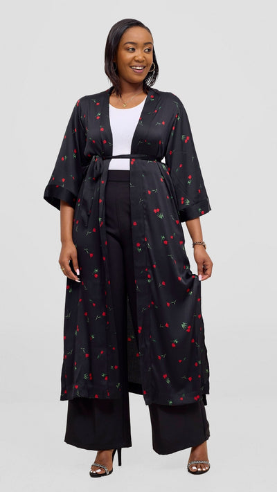 Vivo Samira Maxi Kimono - Black / Red Print - Shopzetu
