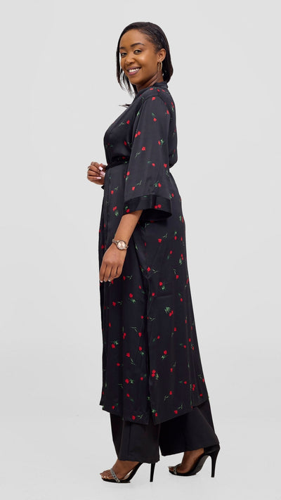 Vivo Samira Maxi Kimono - Black / Red Print - Shopzetu