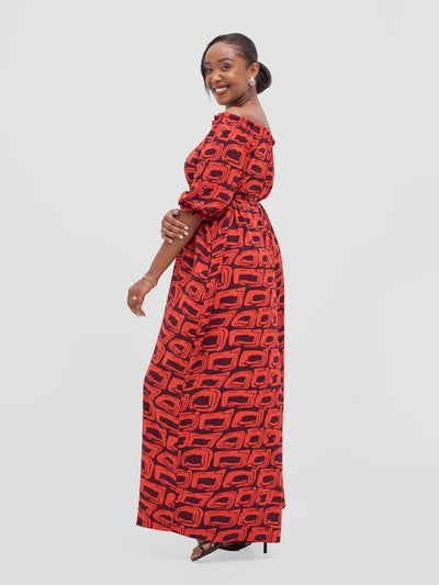 Vivo Ayla Off - Shoulder Jumpsuit - Orange / Burgundy Umbo Print - Shopzetu