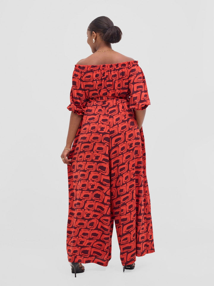 Vivo Ayla Off - Shoulder Jumpsuit - Orange / Burgundy Umbo Print - Shopzetu
