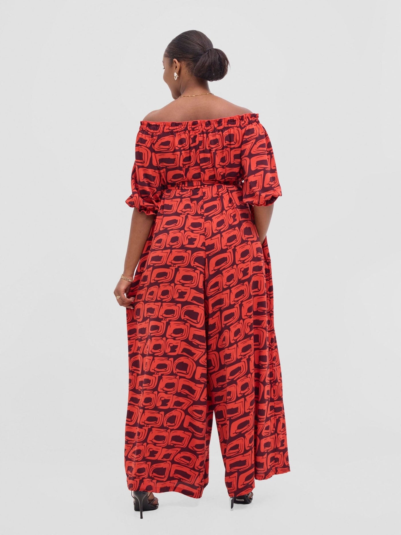 Vivo Ayla Off - Shoulder Jumpsuit - Orange / Burgundy Umbo Print - Shopzetu