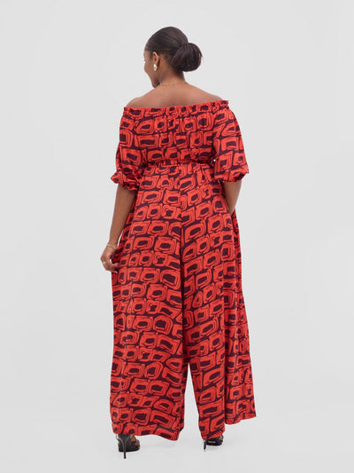 Vivo Ayla Off - Shoulder Jumpsuit - Orange / Burgundy Umbo Print - Shopzetu