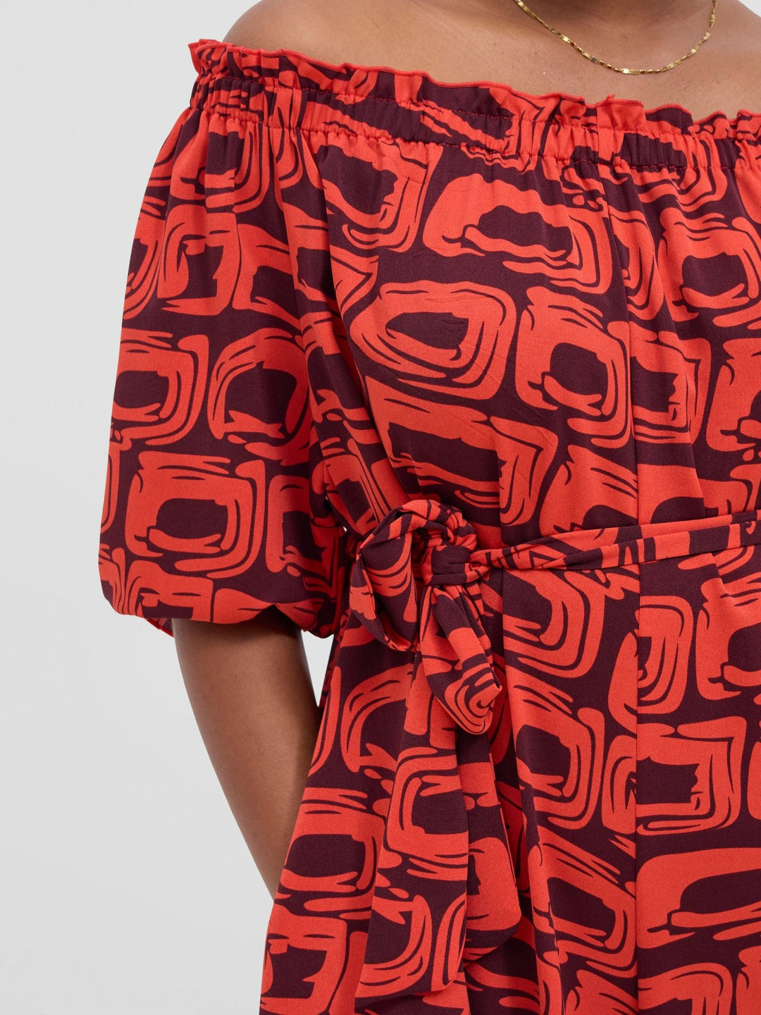 Vivo Ayla Off - Shoulder Jumpsuit - Orange / Burgundy Umbo Print - Shopzetu