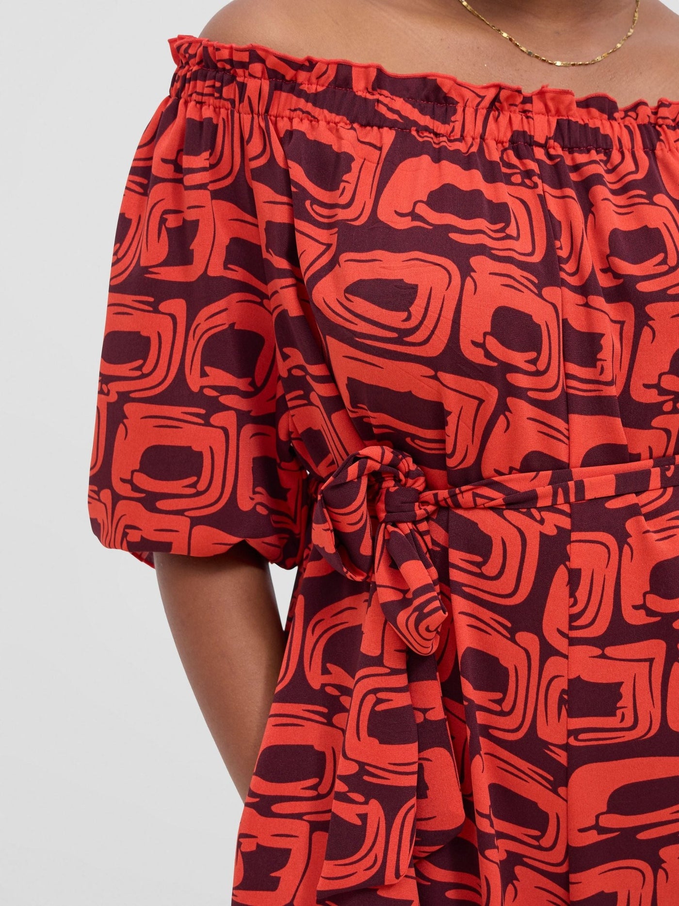 Vivo Ayla Off - Shoulder Jumpsuit - Orange / Burgundy Umbo Print - Shopzetu