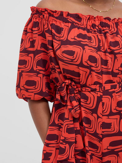 Vivo Ayla Off - Shoulder Jumpsuit - Orange / Burgundy Umbo Print - Shopzetu
