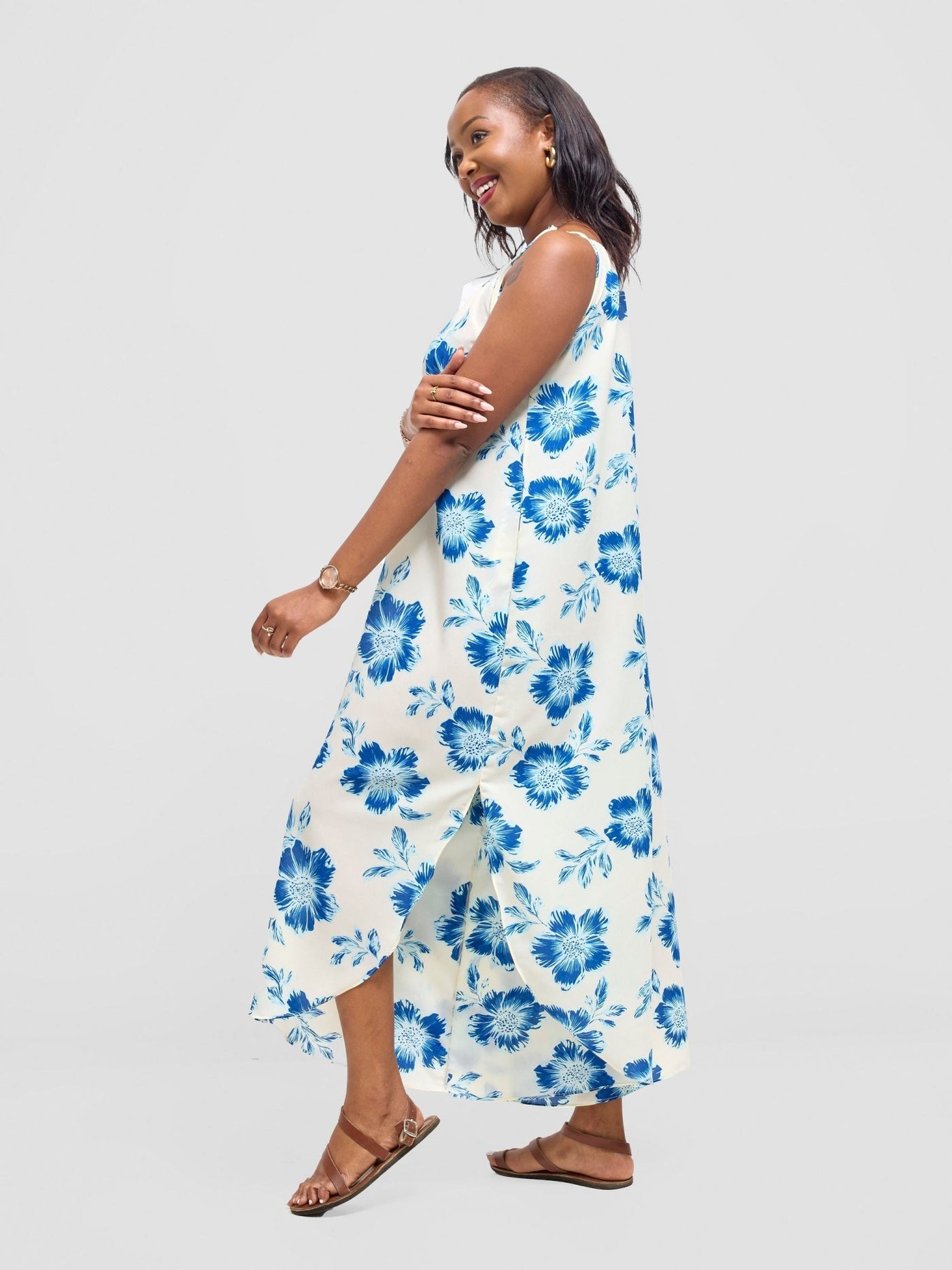 Vivo Maisha Strappy Culotte Jumpsuit - Cream / Blue Print - Shopzetu