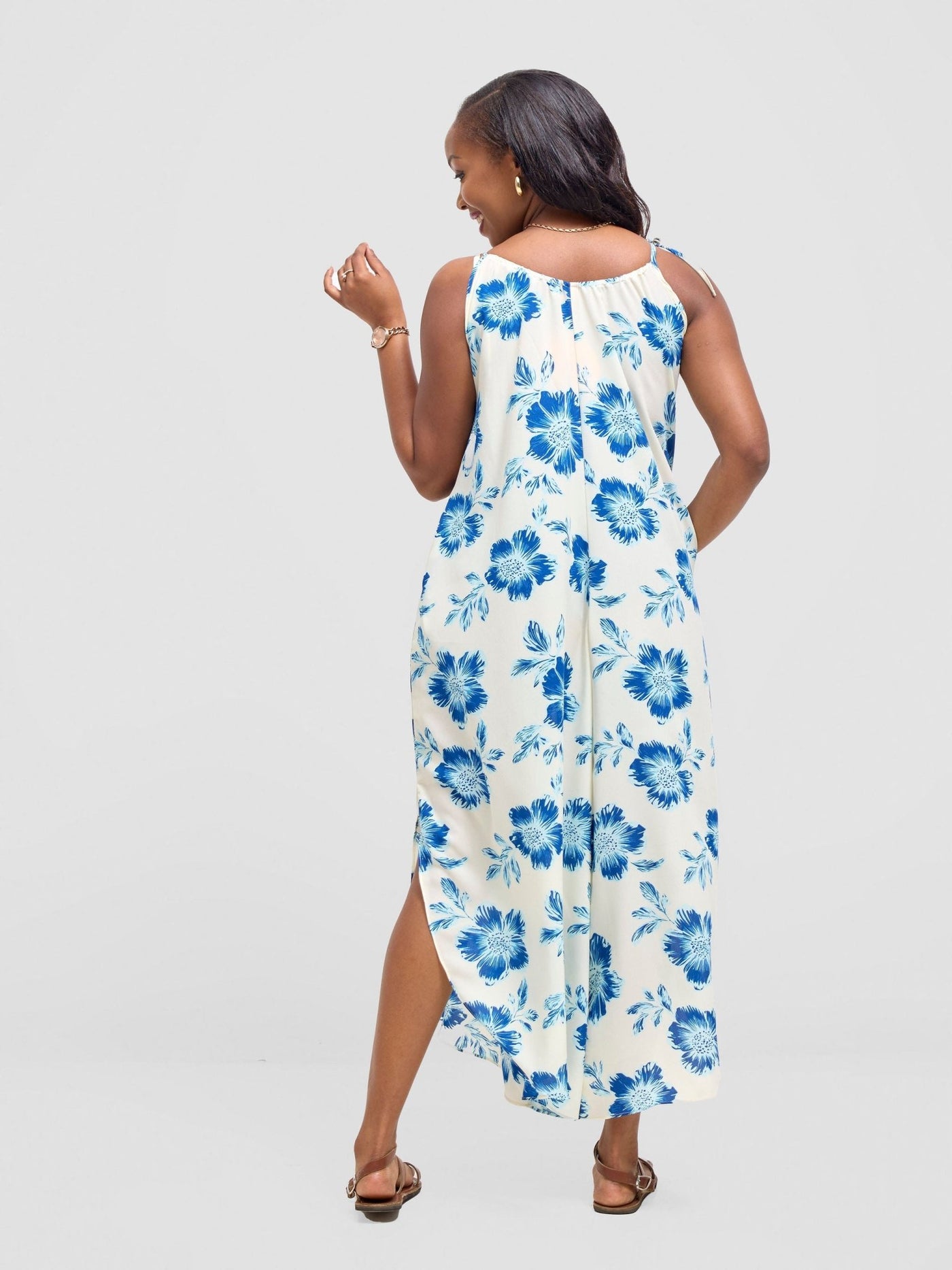 Vivo Maisha Strappy Culotte Jumpsuit - Cream / Blue Print - Shopzetu