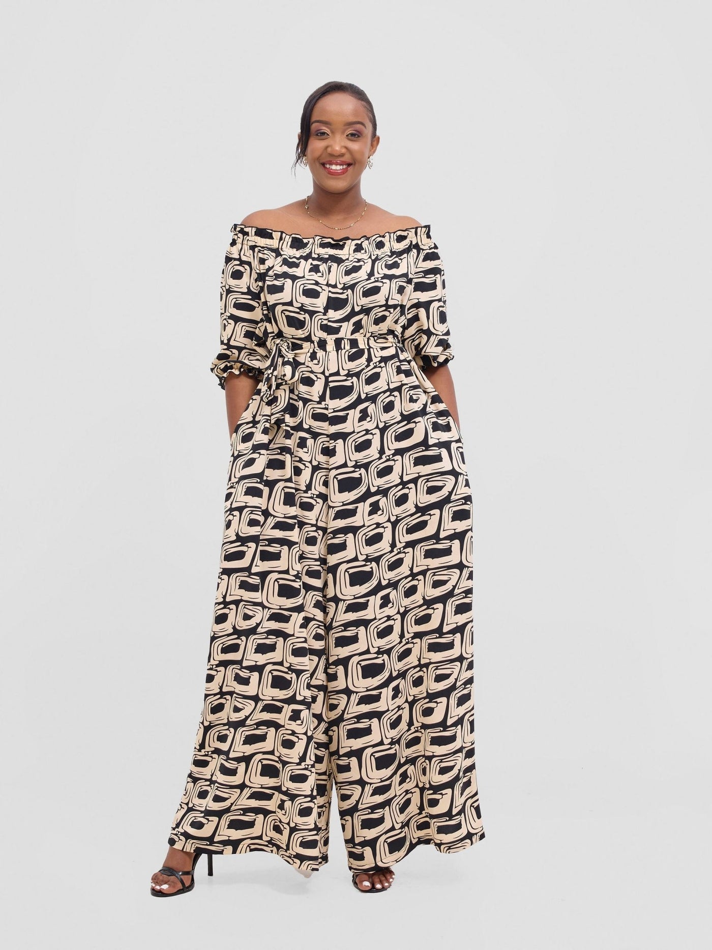 Vivo Ayla Off - Shoulder Jumpsuit - Black / Taupe Umbo Print - Shopzetu