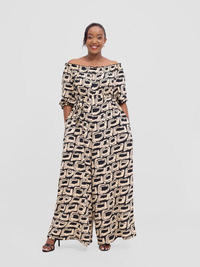 Vivo Ayla Off - Shoulder Jumpsuit - Black / Taupe Umbo Print - Shopzetu