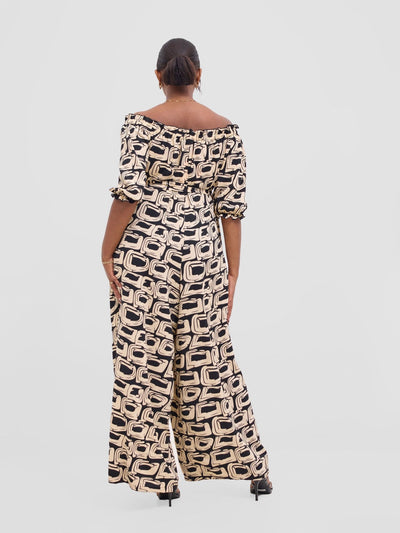Vivo Ayla Off - Shoulder Jumpsuit - Black / Taupe Umbo Print - Shopzetu