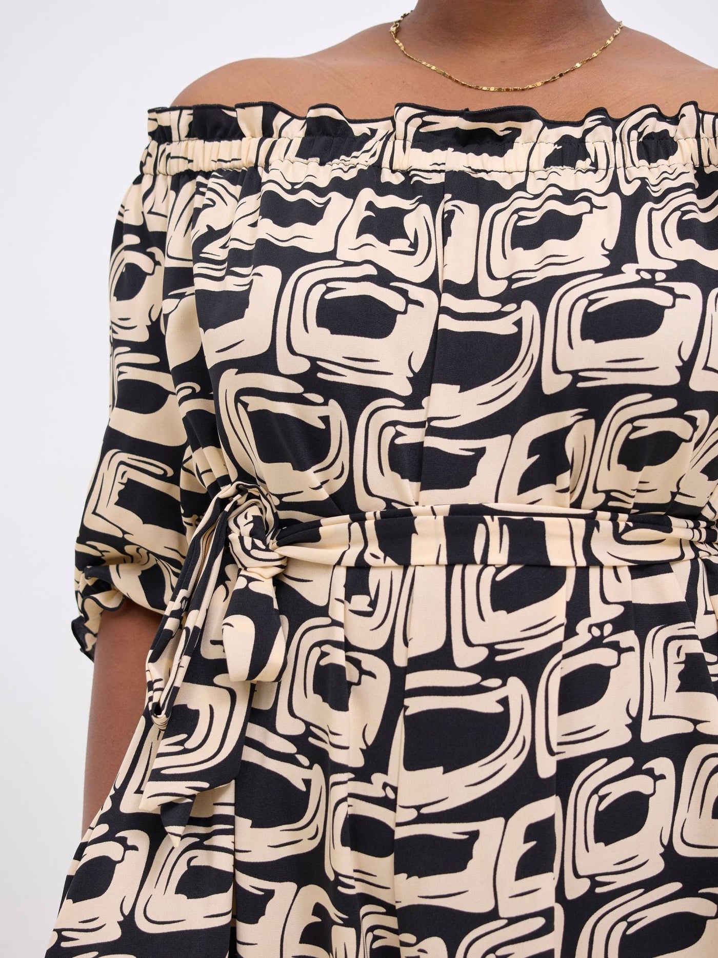 Vivo Ayla Off - Shoulder Jumpsuit - Black / Taupe Umbo Print - Shopzetu