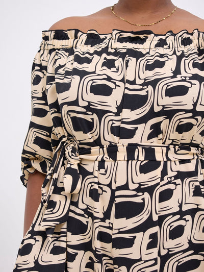 Vivo Ayla Off - Shoulder Jumpsuit - Black / Taupe Umbo Print - Shopzetu