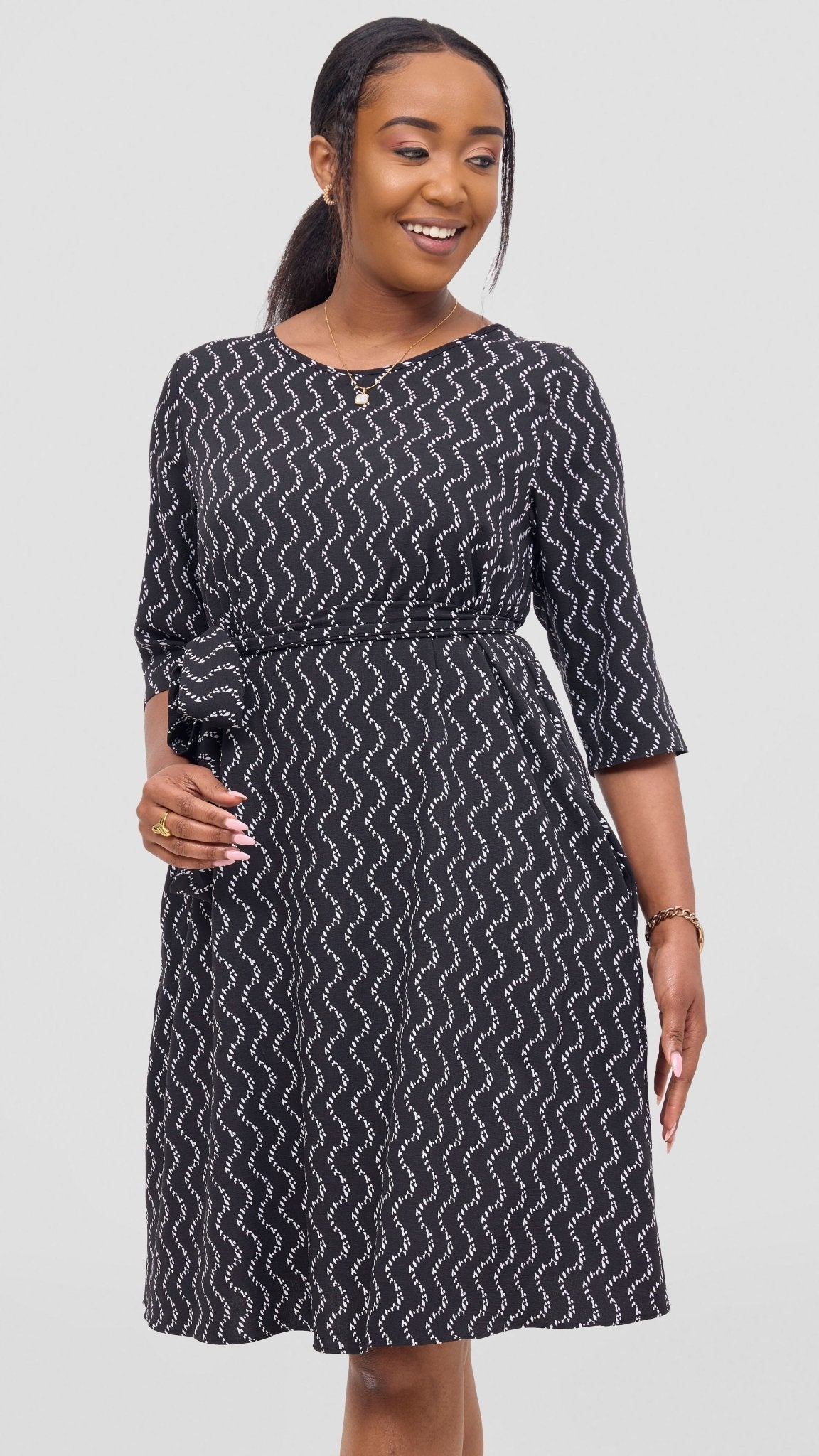 Vivo Laika 3/4 Sleeve Tent Dress - Black / White Print - Shopzetu