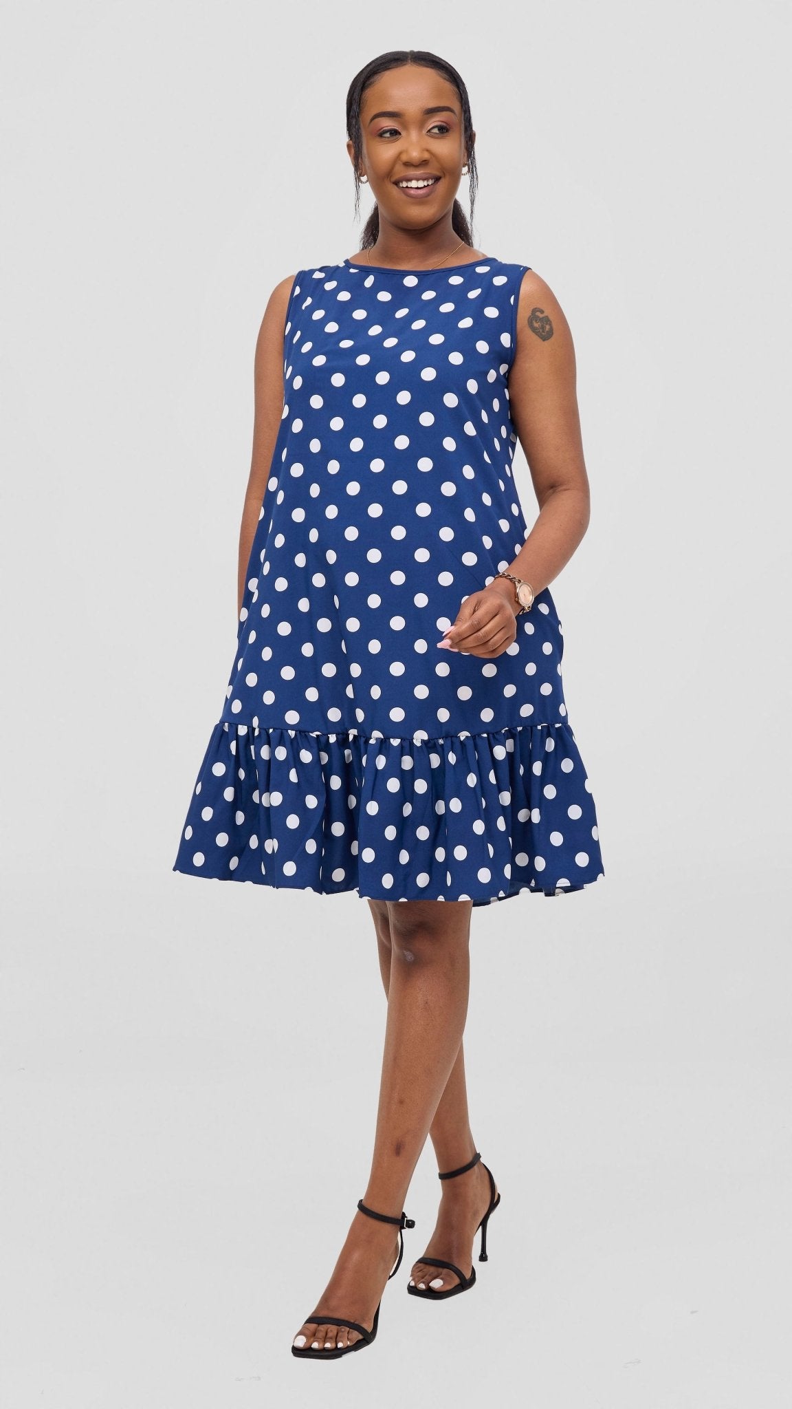 Vivo Dalia Sleeveless Gathered Tent Dress - Navy / White Print - Shopzetu